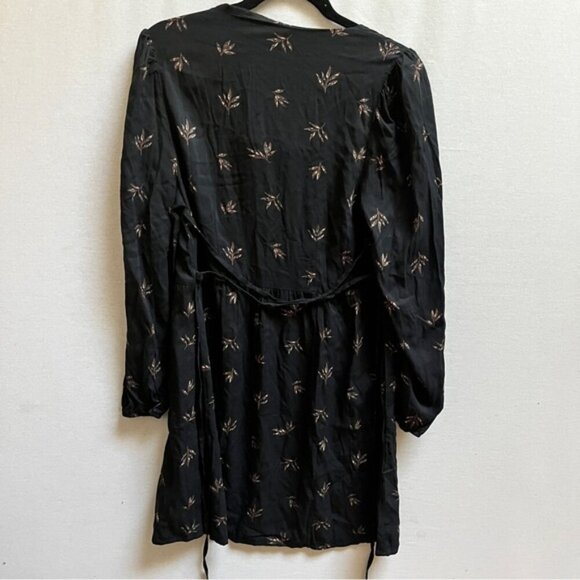 Rachel Mona Long Sleeve A Line Dress Black Leaf Print Tie Back Sz M - Picture 2 of 13